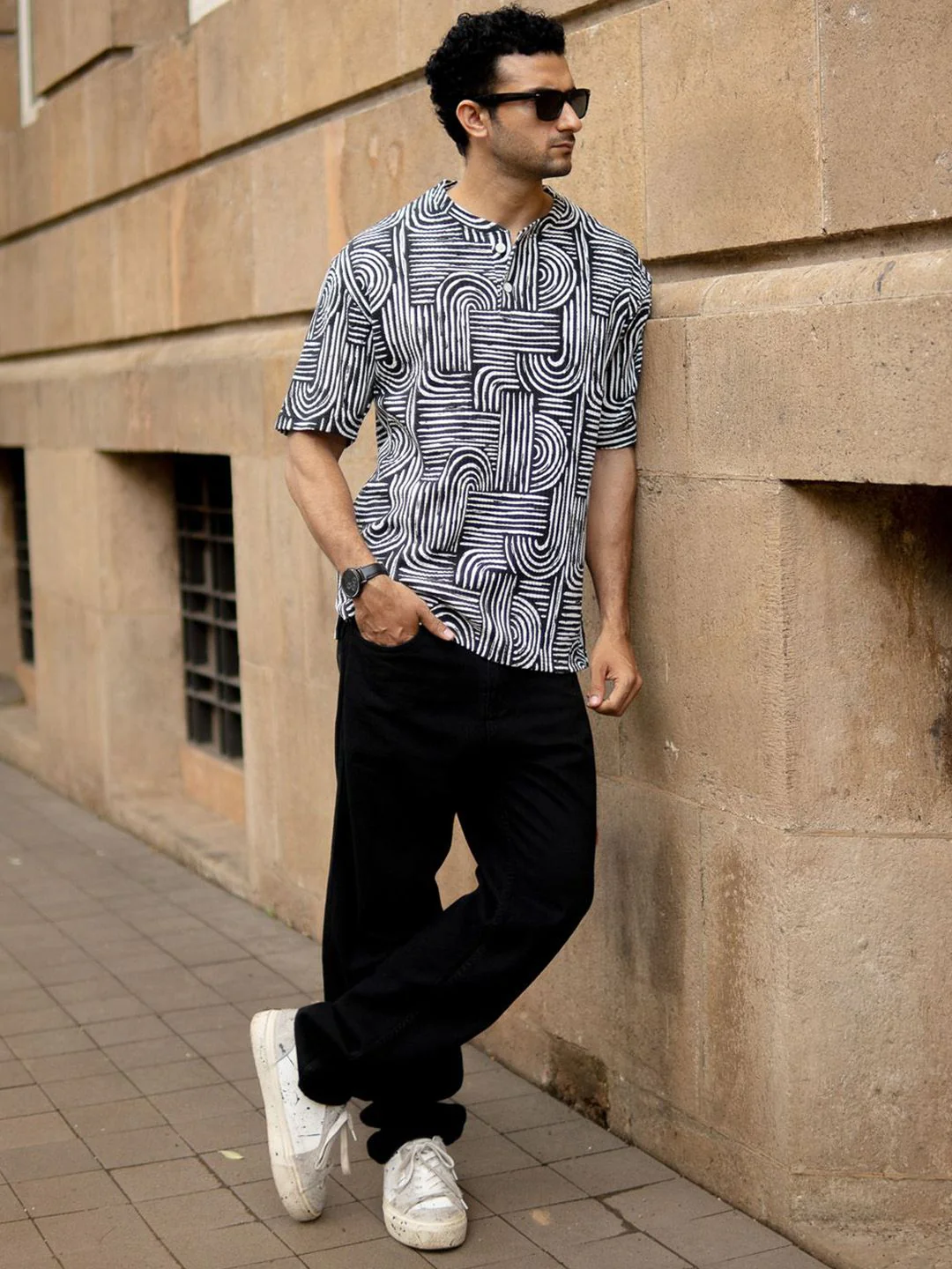 Powerlook Geometric Printed Henley Neck Drop-Shoulder Sleeves T-shirt - Image 4