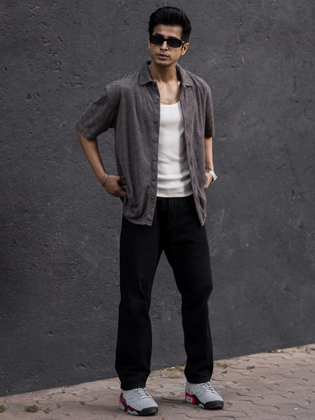 Powerlook Grey India Slim Oversized Fit Jacquard Self Design Casual Shirt - Image 4