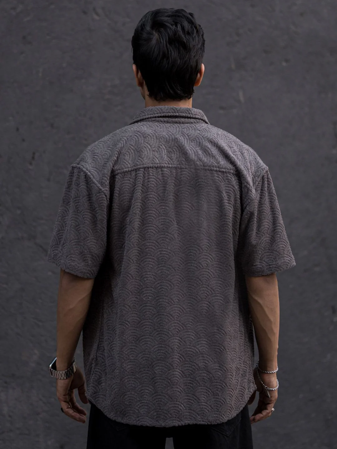 Powerlook Grey India Slim Oversized Fit Jacquard Self Design Casual Shirt - Image 5