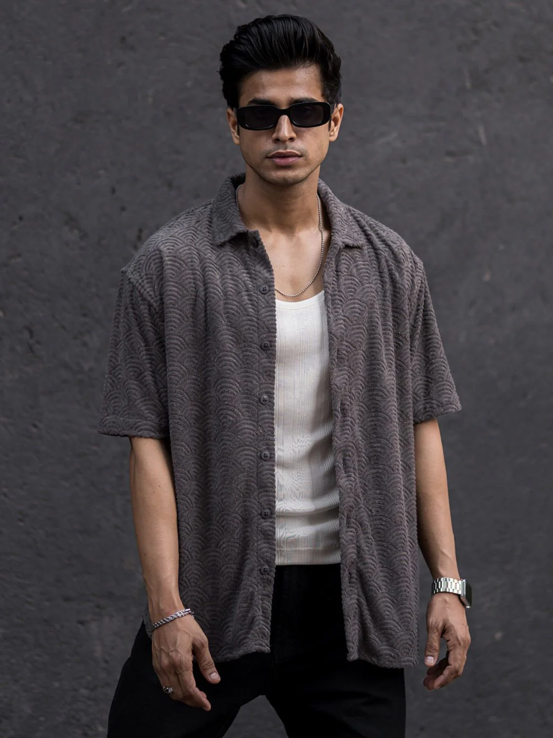 Powerlook Grey India Slim Oversized Fit Jacquard Self Design Casual Shirt - Image 6