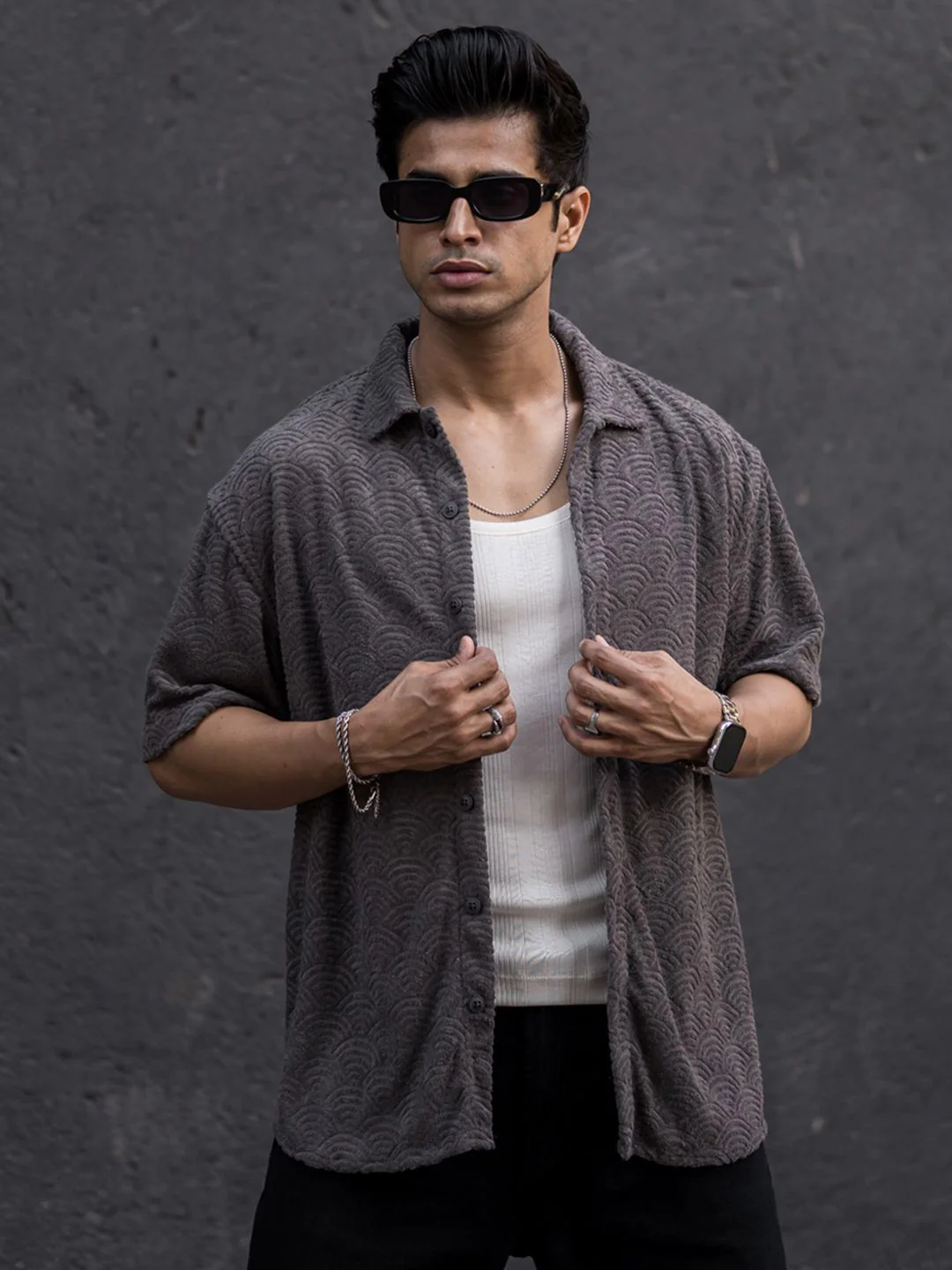 Powerlook Grey India Slim Oversized Fit Jacquard Self Design Casual Shirt - Image 7