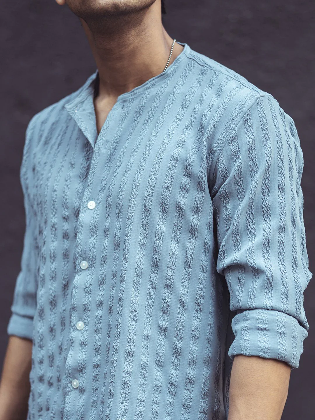 Powerlook Grey Mandarin Collar Opaque Knitted Casual Shirt - Image 2