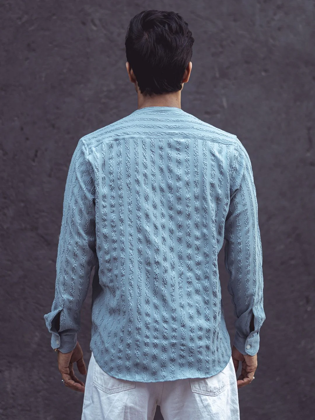 Powerlook Grey Mandarin Collar Opaque Knitted Casual Shirt - Image 4