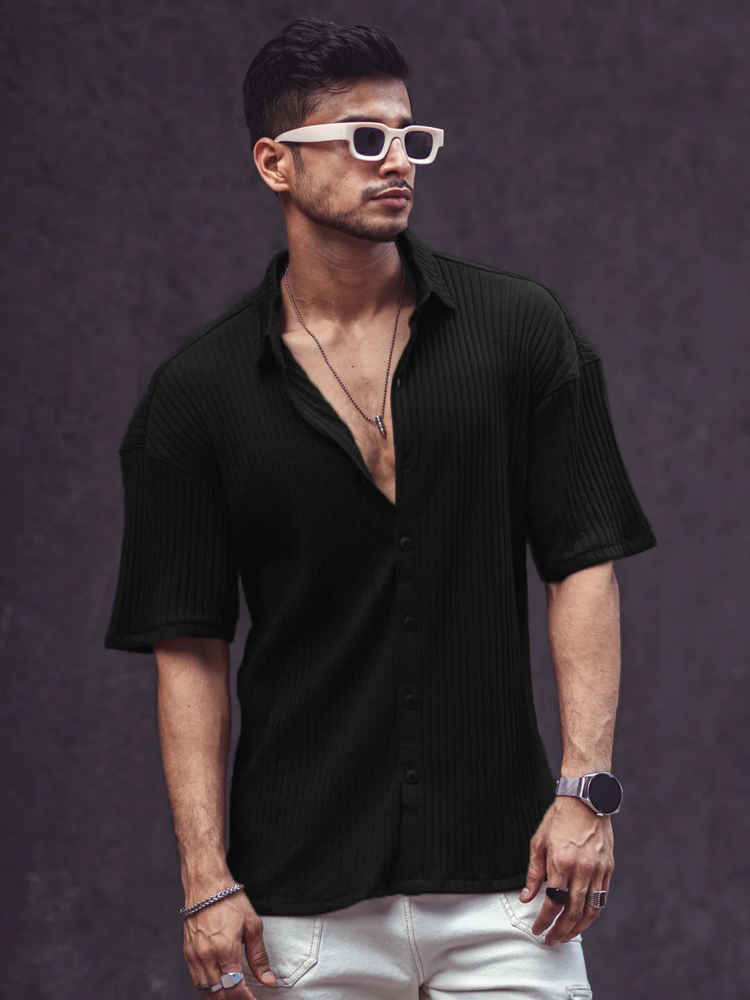 Powerlook India Slim Ribbed Drop Shoulder Sleeves Oversized Casual Shirt - Image 7