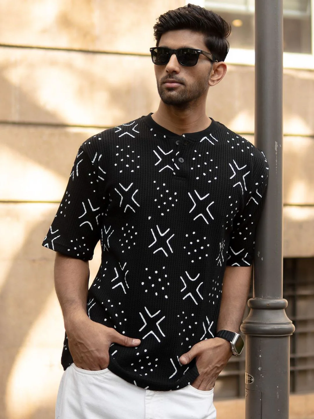 Powerlook Men Black Structured Printed Henley T-Shirt