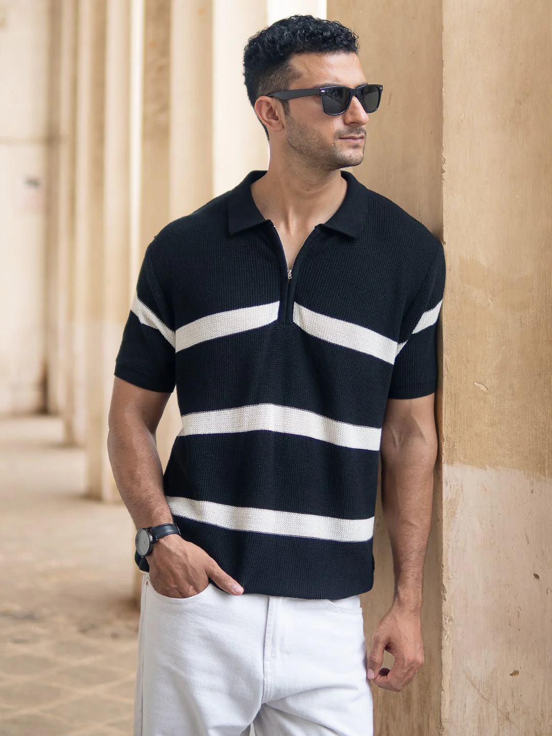 Powerlook Men Black & White Striped Pure Cotton Polo Collar T-shirt - Image 6