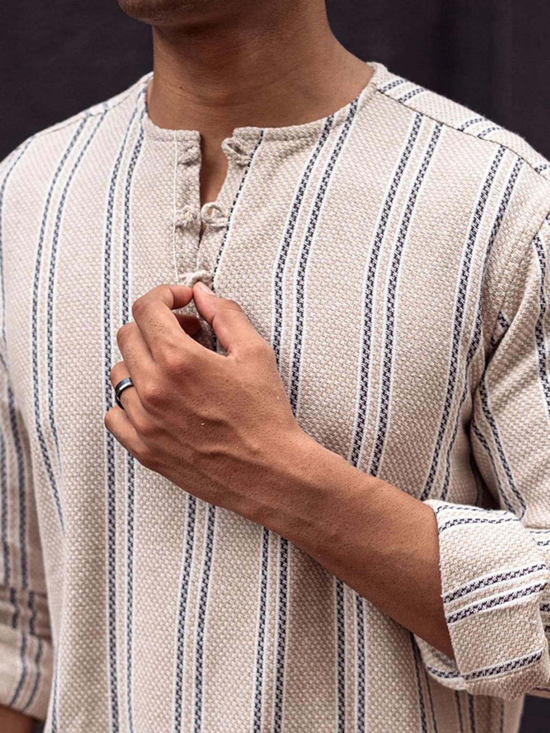 Powerlook Men Collarless Vertical Striped Cotton Casual Shirt - Image 2