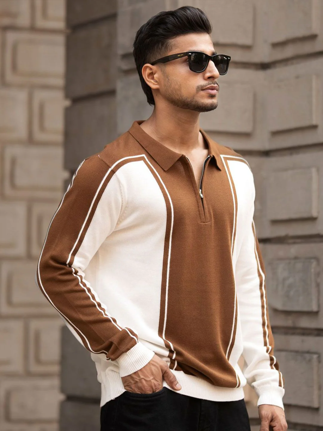 Powerlook Men Colourblocked Polo Collar Pure Cotton Casual Sweatshirt - Image 3