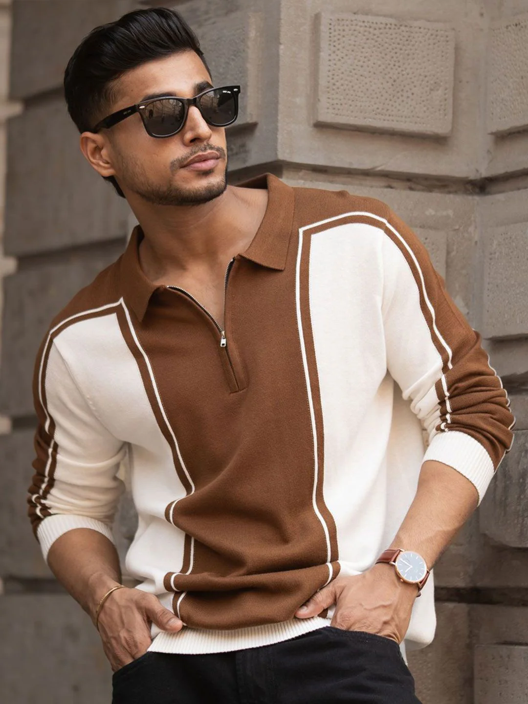 Powerlook Men Colourblocked Polo Collar Pure Cotton Casual Sweatshirt - Image 5