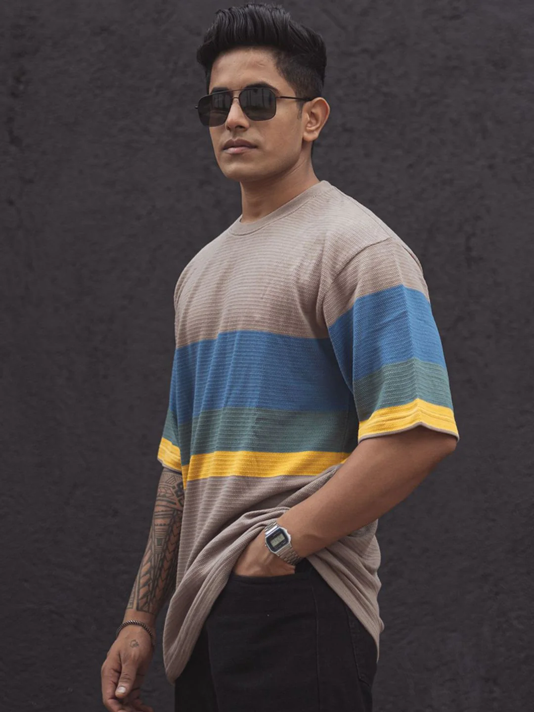 Powerlook Men Colourblocked Round Neck Cotton Oversized T-Shirt - Image 5