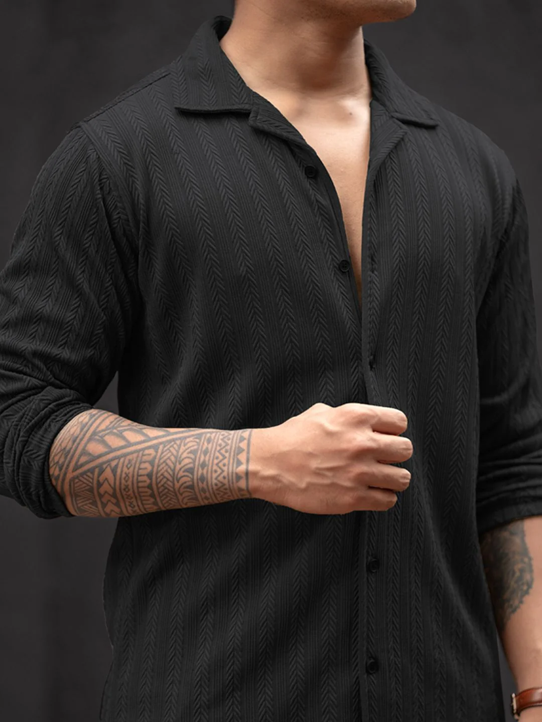 Powerlook Men Cuban Collar Textured Cotton Relaxed Fit Casual Shirt - Image 2