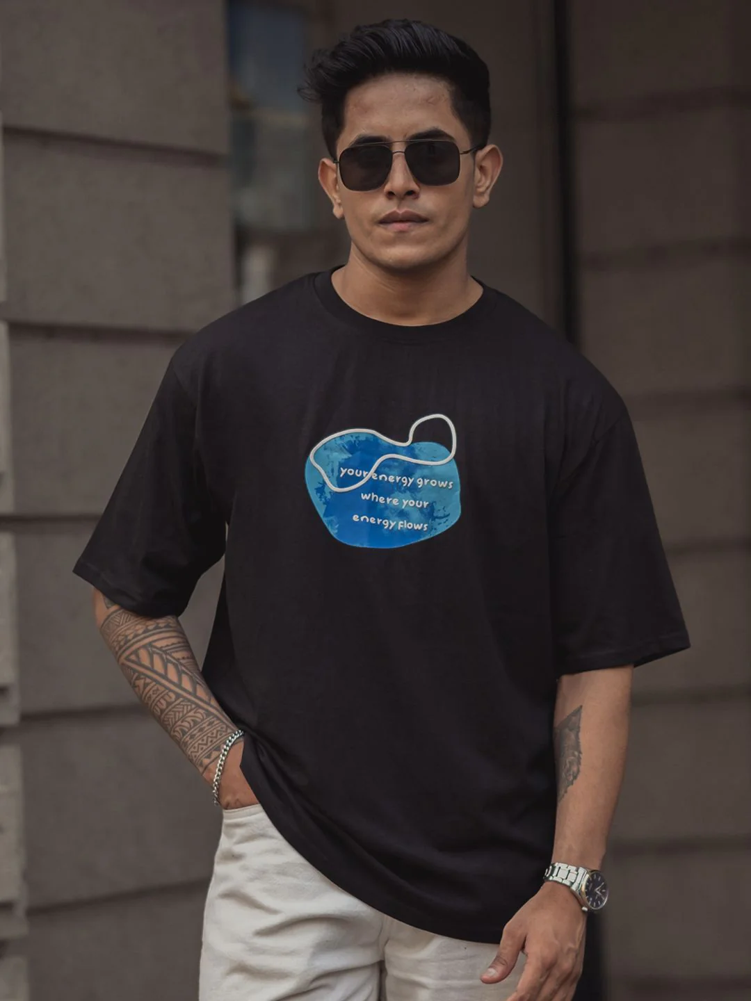 Powerlook Men Graphic Printed Round Neck Pure Cotton Oversized T-Shirt - Image 3