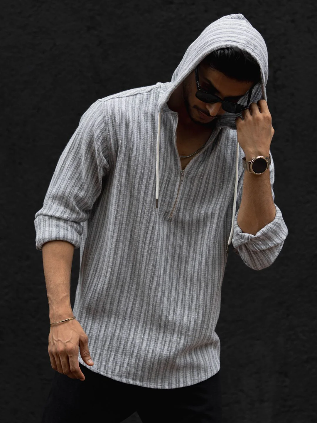 Powerlook Men Hood Vertical Striped Cotton Casual Shirt - Image 4