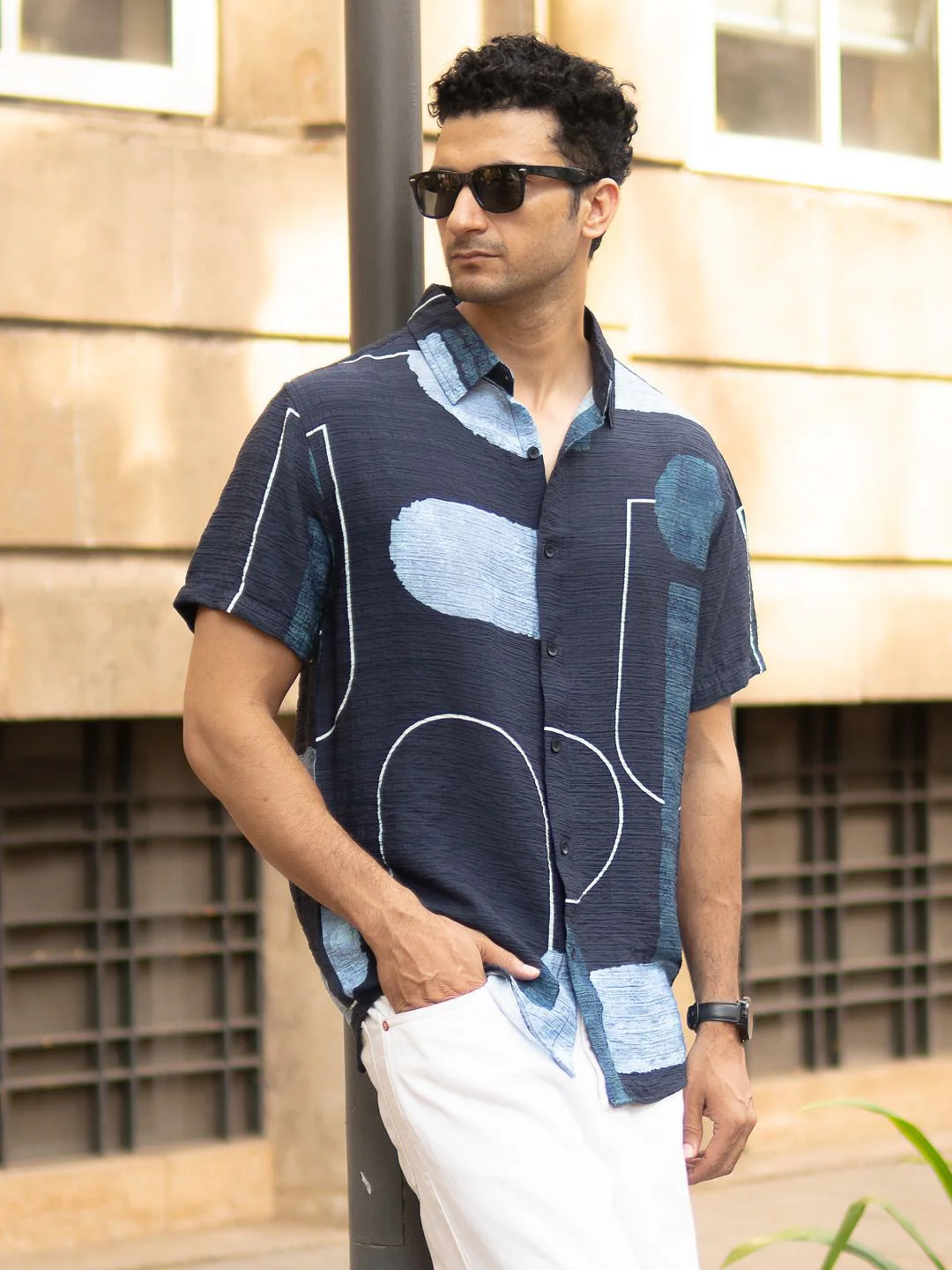 Powerlook Men Navy Abstract Structure Print Shirt - Image 6