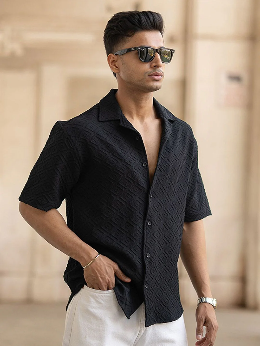 Powerlook Men Oversized Fit Cuban Collar Textured Casual Shirt - Image 3