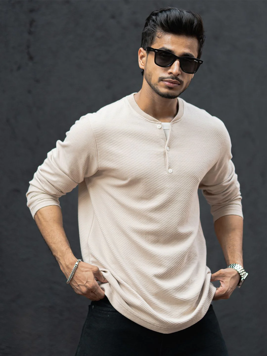 Powerlook Men Self Design Henley Neck Cotton T-shirt - Image 6
