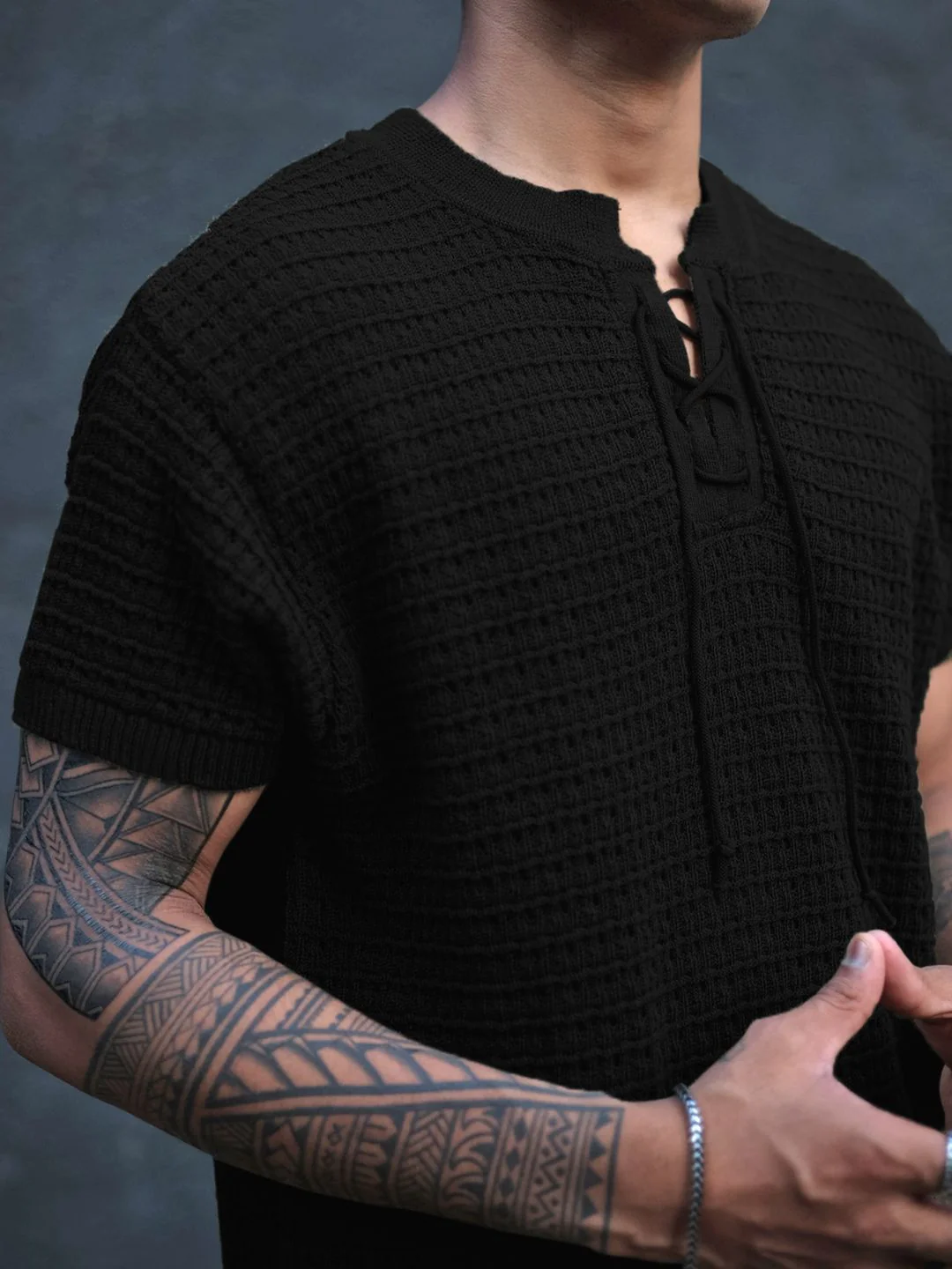 Powerlook Men Self Design Henley Neck T-Shirt - Image 2