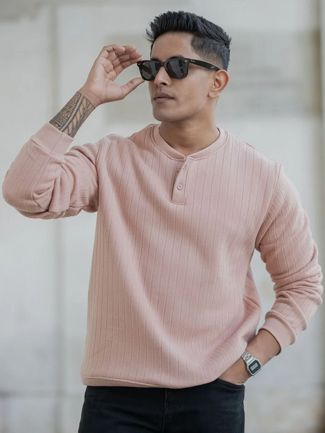 Powerlook Men Self Design Henley Neck Sweatshirt - Image 6
