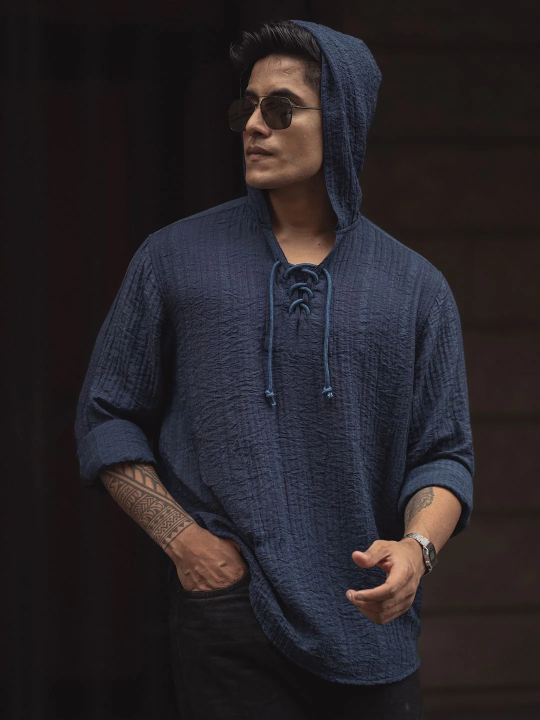 Powerlook Men Self Design Hood Relaxed Fit T-shirt