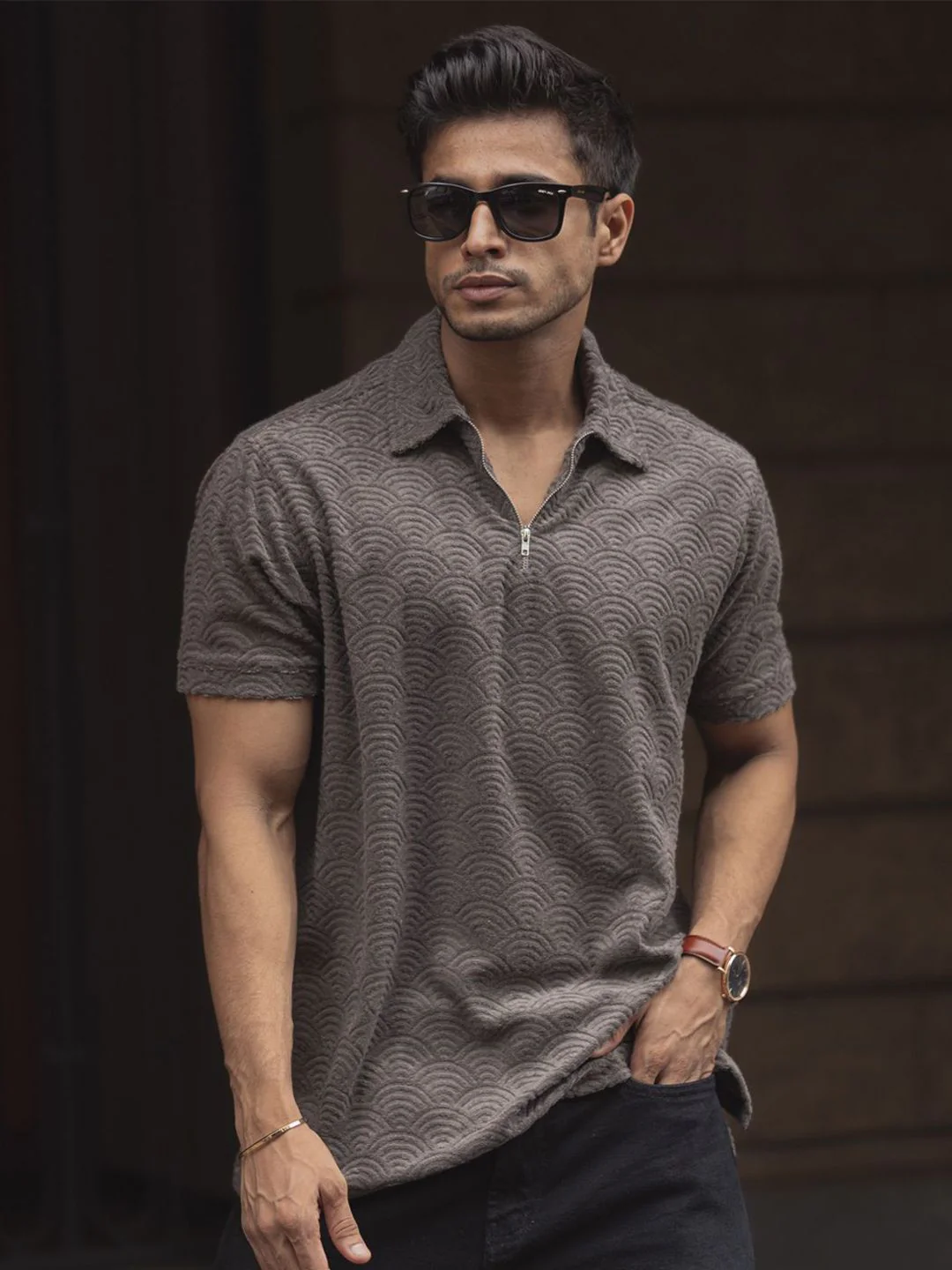 Powerlook Men Self Design Polo Collar T-shirt