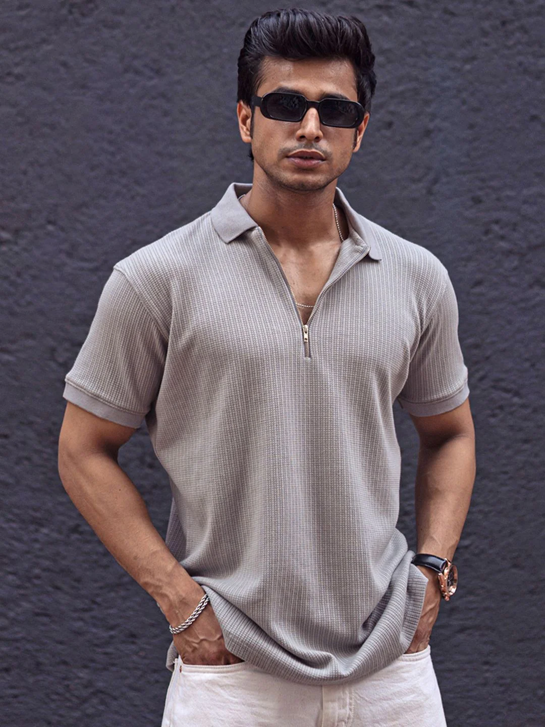 Powerlook Men Self Design Zip Closure T-shirt