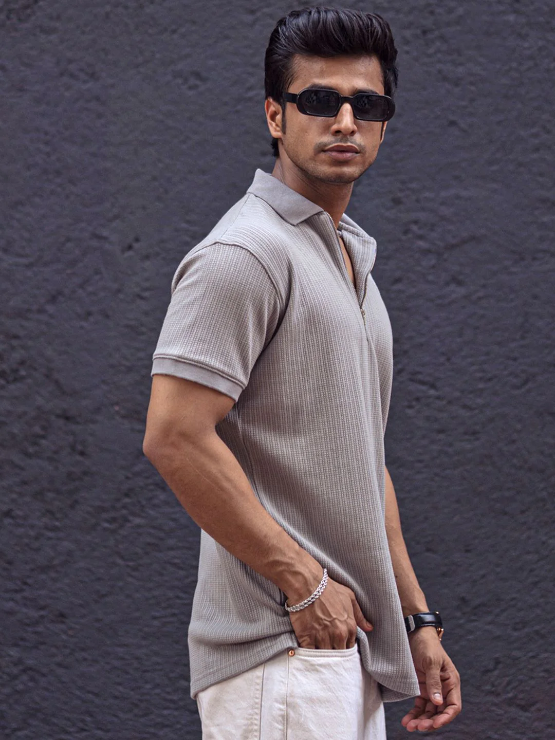 Powerlook Men Self Design Zip Closure T-shirt - Image 3