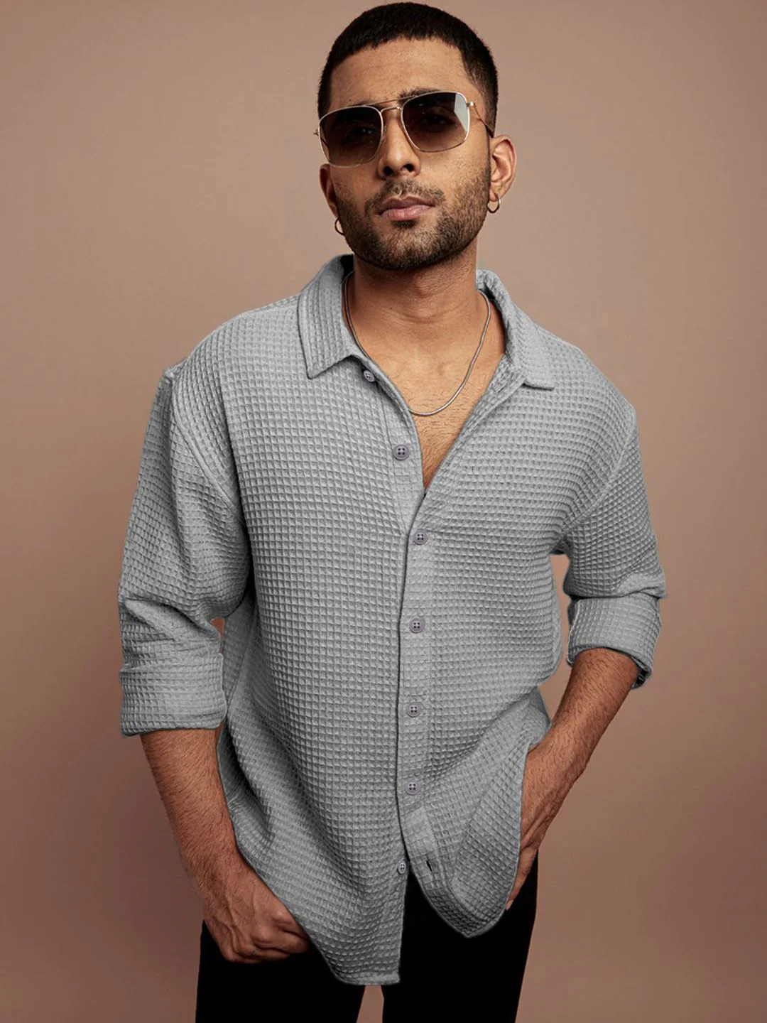 Powerlook Men Spread Collar Textured Solid Cotton Canvas Casual Shirt - Image 2