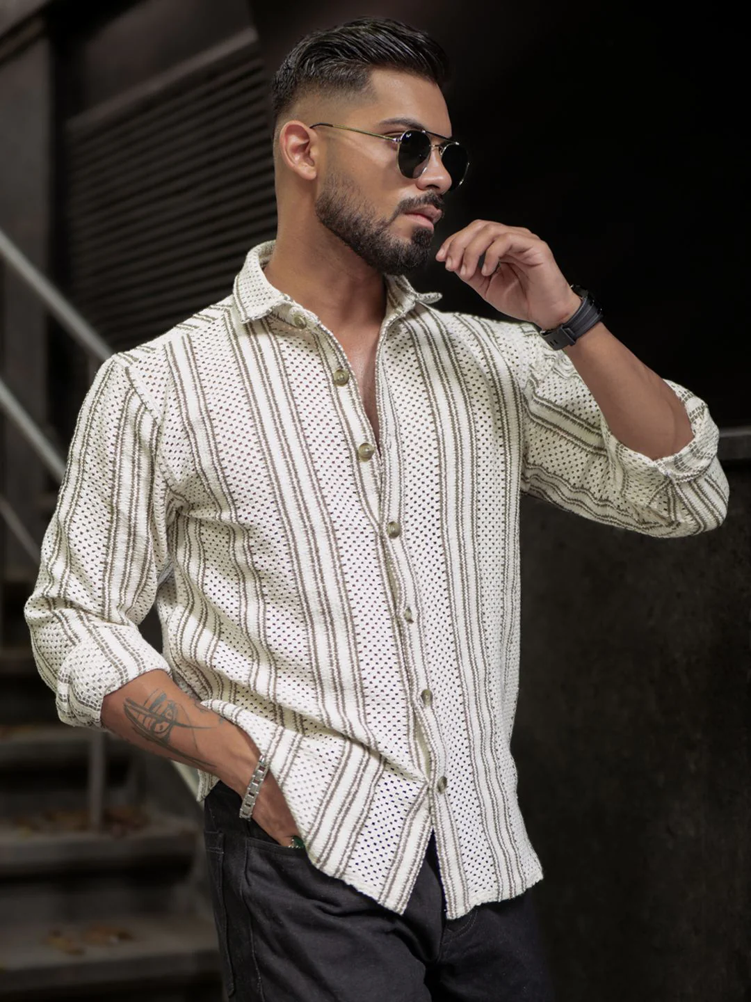 Powerlook Men Spread Collar Vertical Striped Casual Shirt - Image 6