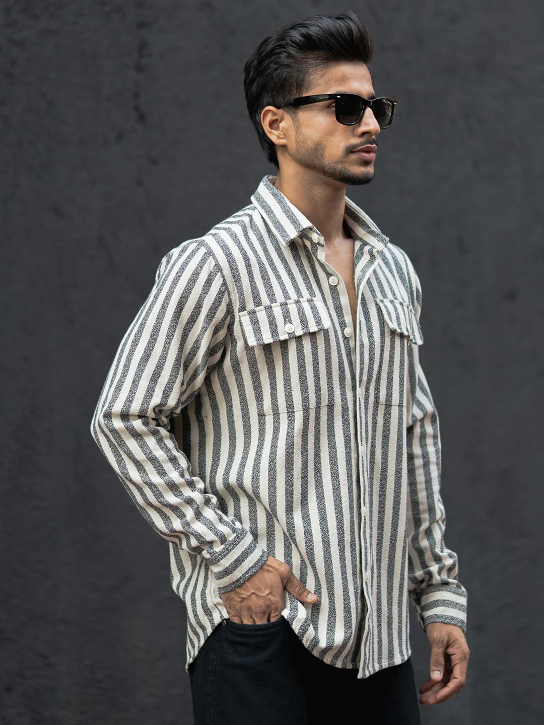 Powerlook Men Spread Collar Vertical Striped Casual Shirt - Image 3
