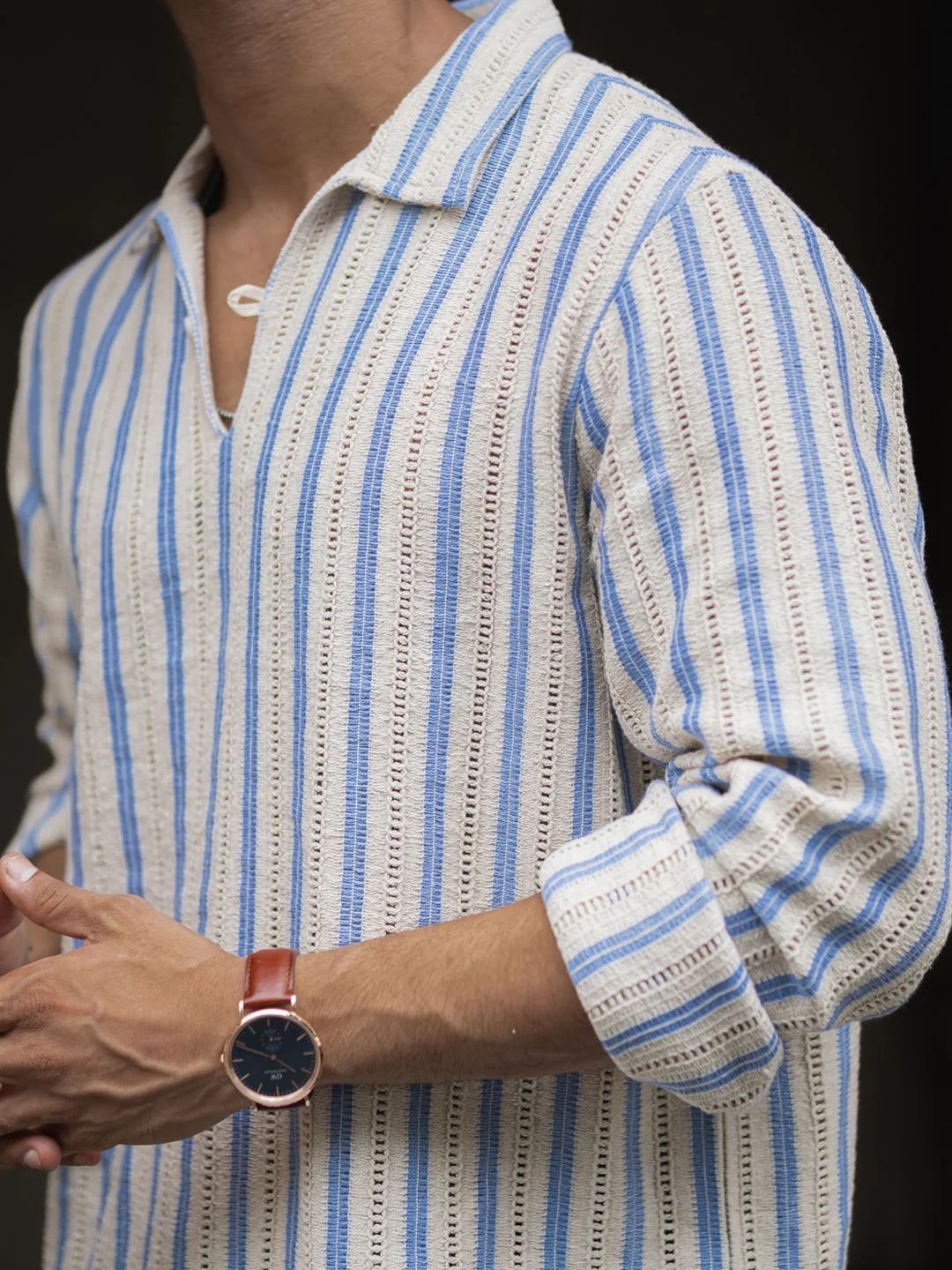 Powerlook Men Spread Collar Vertical Striped Cotton Casual Shirt - Image 2