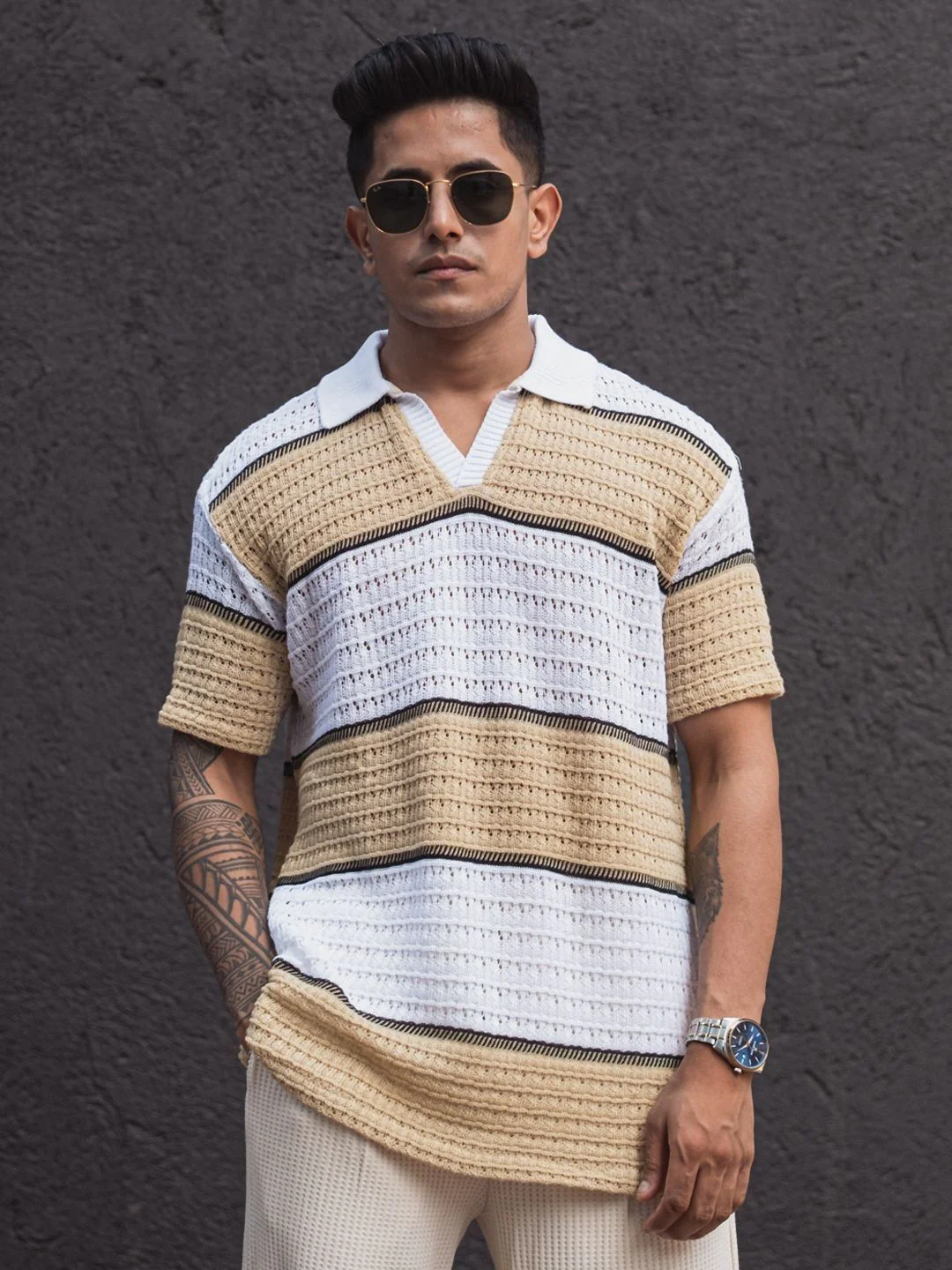 Powerlook Men Striped Polo Collar Pockets T-shirt