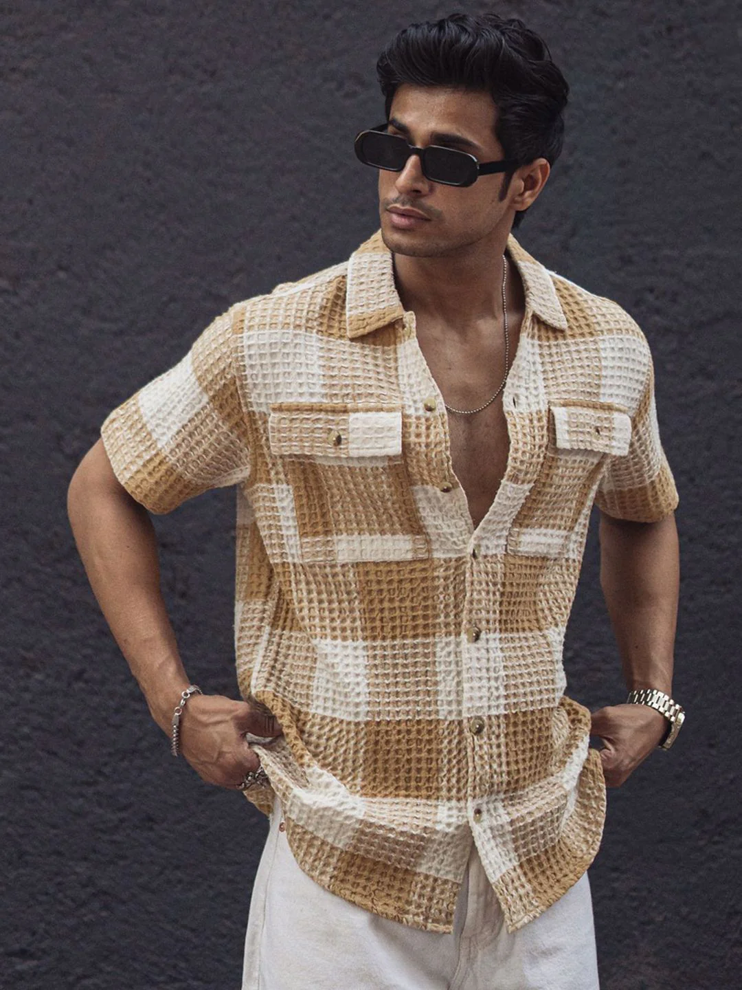 Powerlook Men Tartan Checks Opaque Checked Casual Shirt 02-1051520-S-Beige and Off White - Image 3