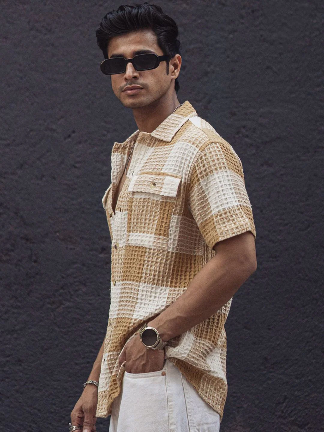 Powerlook Men Tartan Checks Opaque Checked Casual Shirt 02-1051520-S-Beige and Off White - Image 5
