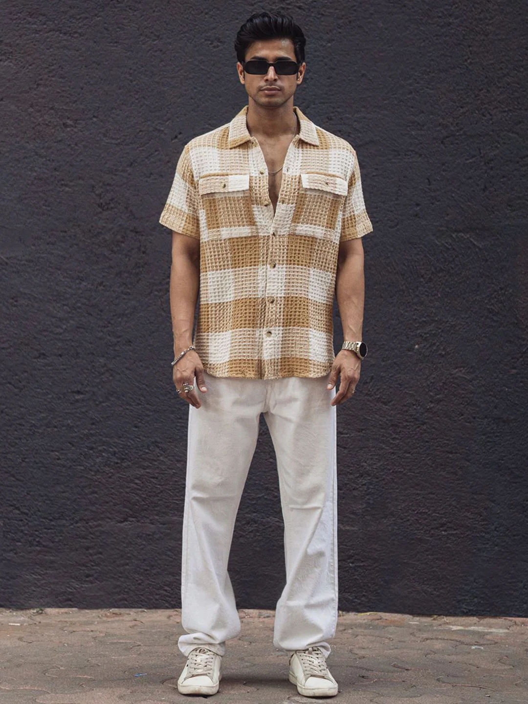 Powerlook Men Tartan Checks Opaque Checked Casual Shirt 02-1051520-S-Beige and Off White - Image 6