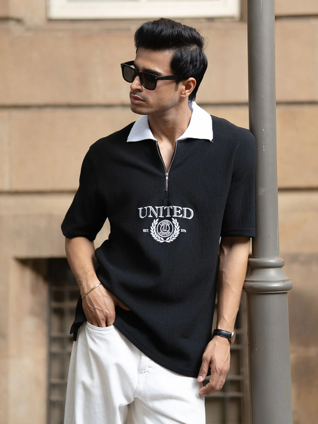 Powerlook Men Typography Printed Polo Collar Drop-Shoulder Sleeves Oversized T-shirt - Image 6