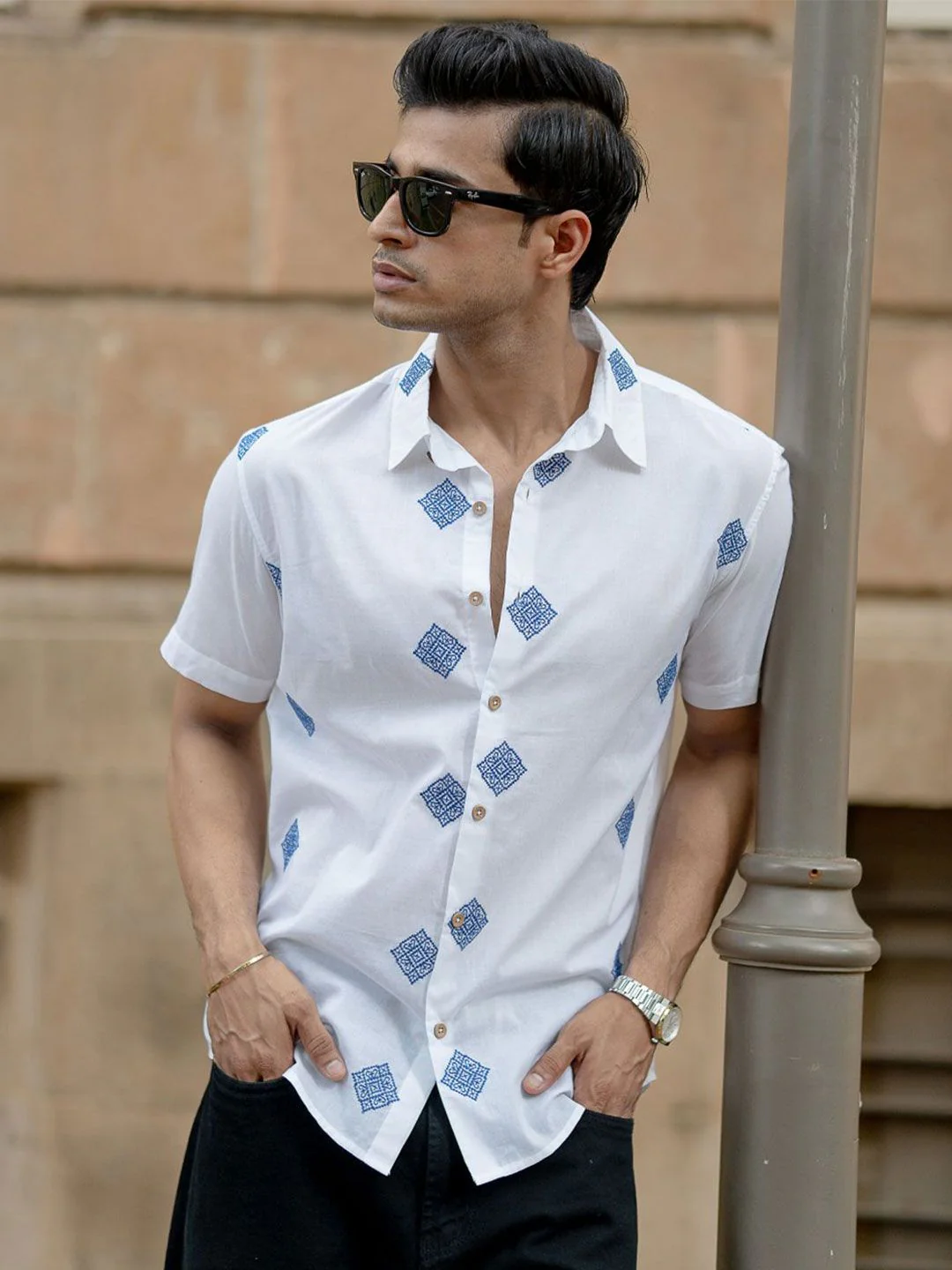 Powerlook SS25 Geometric Embroidered Pure Cotton Casual Shirt - Image 2