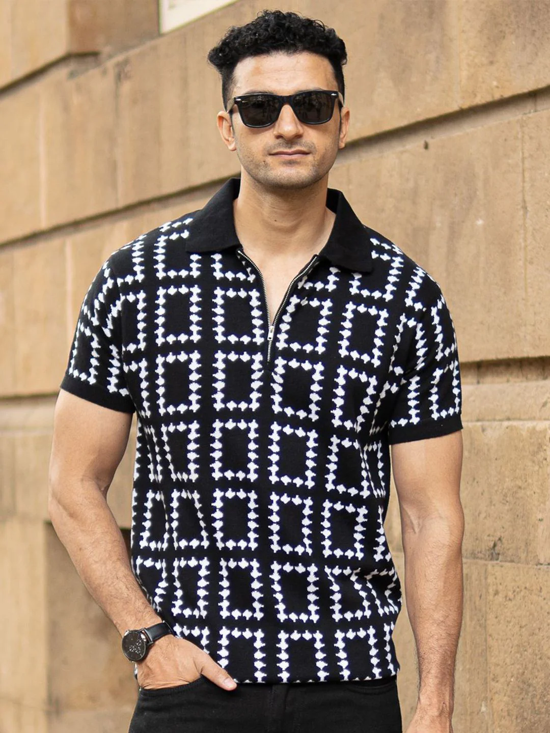 Powerlook SS25 Geometric Knit Polo Collar Pure Cotton T-Shirt - Image 2