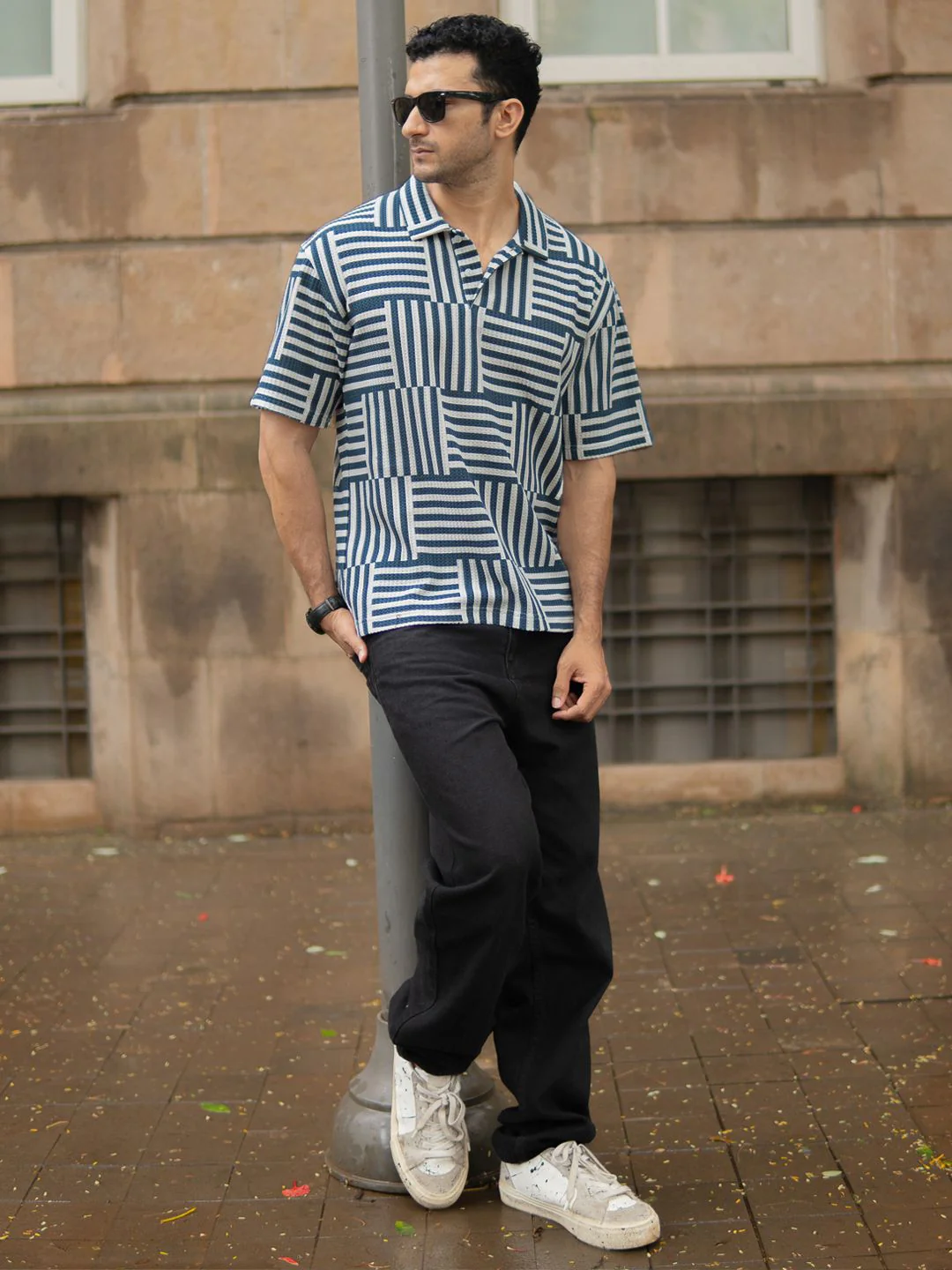 Powerlook SS25 Oversized Geometric Printed Polo Collar Drop-Shoulder Sleeves T-Shirt - Image 4