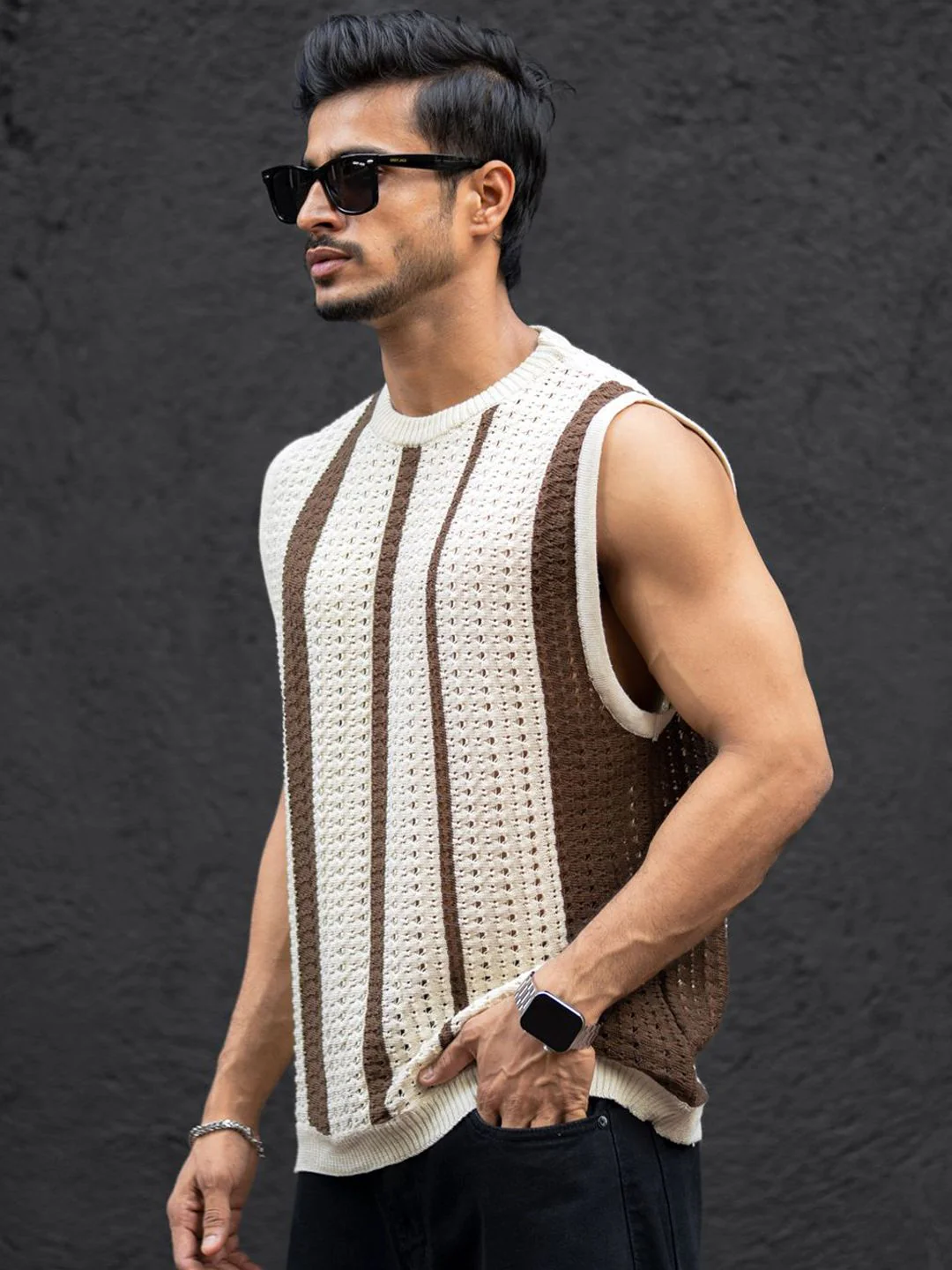 Powerlook Striped Round Neck Sleeveless T-Shirt - Image 3