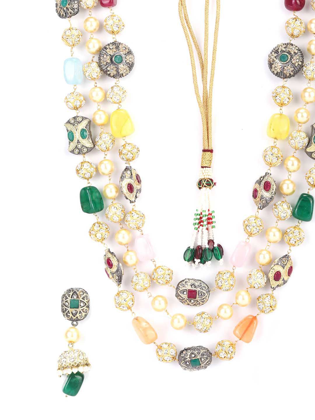 Priyaasi Gold-Plated Kundan-Studded & Pearl-Beaded Tripal-Stranded Handcrafted Jewellery Set - Image 6