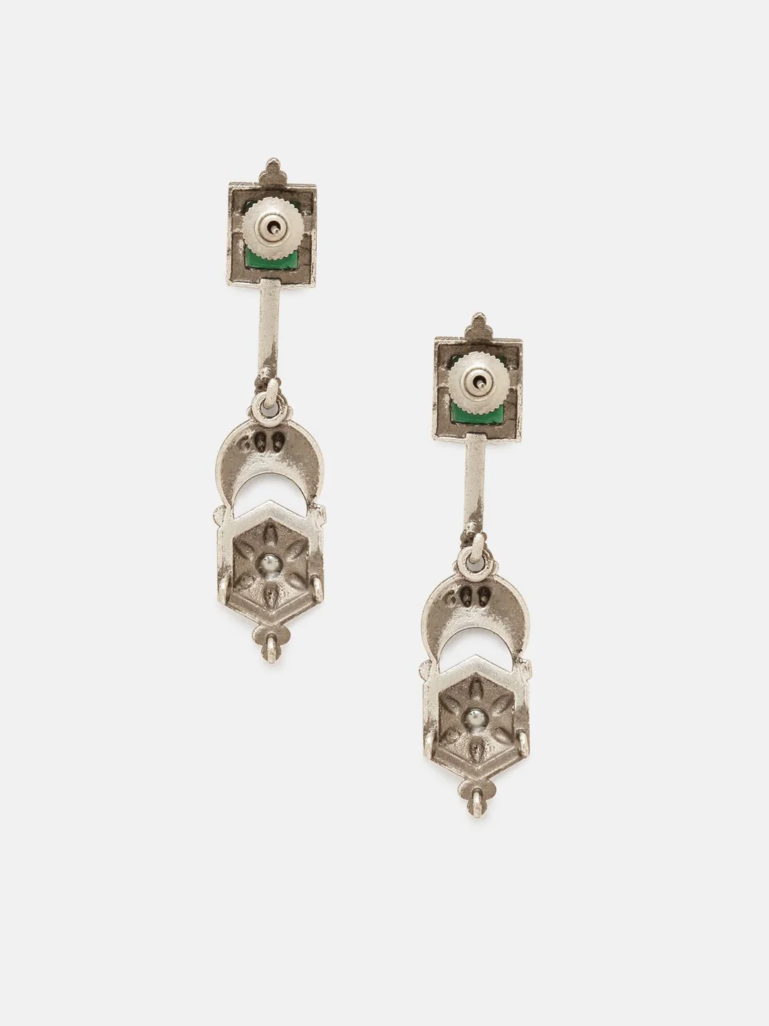 Priyaasi Silver-Plated Emerald Stone Studded Contemporary Oxidized Drop Earrings - Image 3