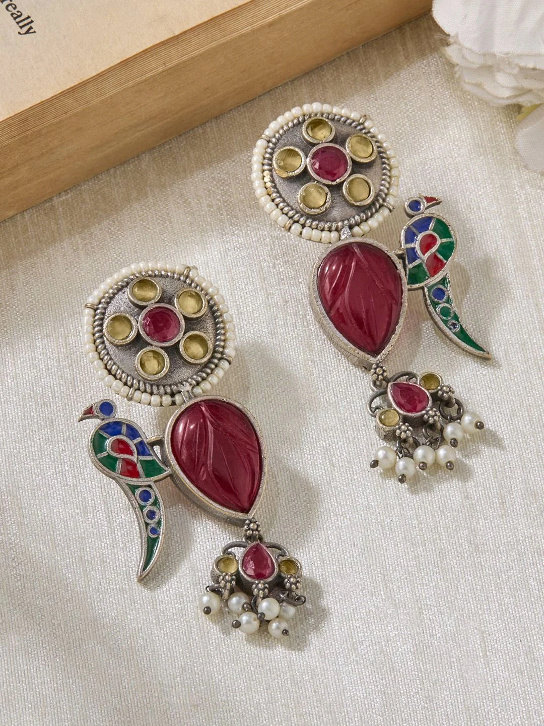 Priyaasi Silver-Plated Faux Ruby Studded Oxidised Contemporary Drop Earrings - Image 2