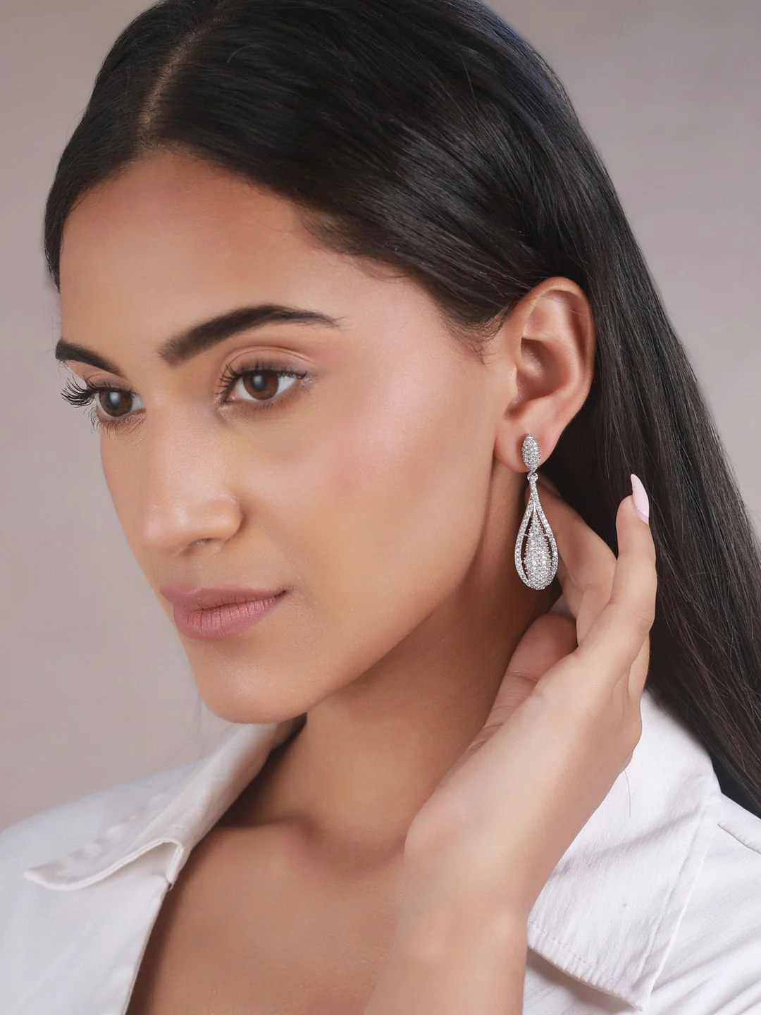 Priyaasi Silver Toned Contemporary American Diamond Drop Earrings - Image 4