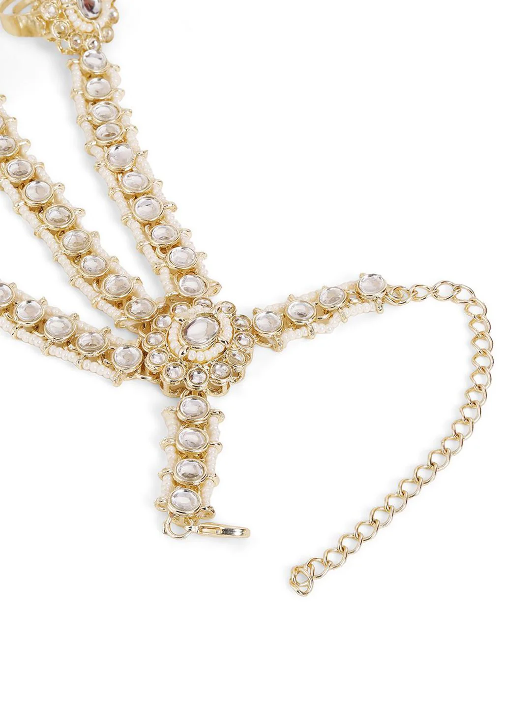 Priyaasi Women Gold-Plated Kundan Stone Studded & Pearls Beaded Hathphool Bracelet - Image 4