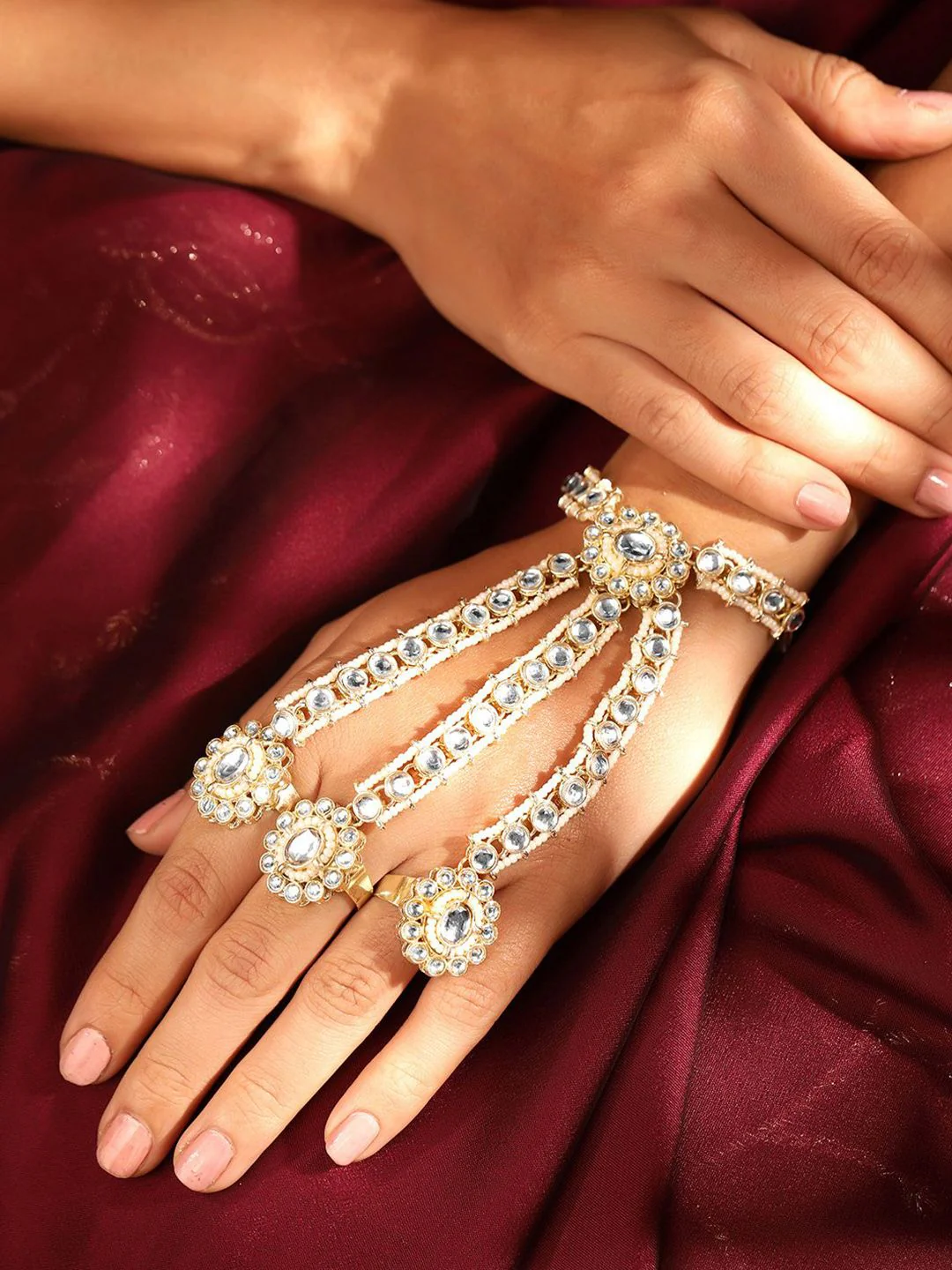 Priyaasi Women Gold-Plated Kundan Stone Studded & Pearls Beaded Hathphool Bracelet - Image 6