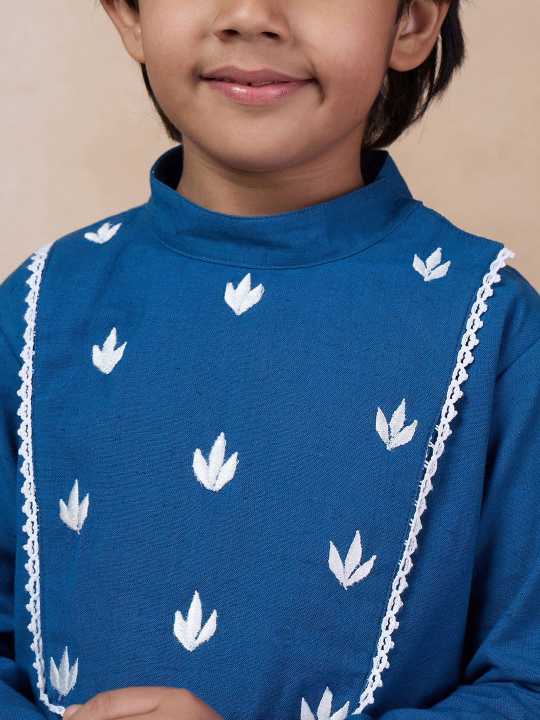 pspeaches Boys Mandarin Collar Floral Yoke Design Regular Thread Work Kurta with Dhoti Pants - Image 2