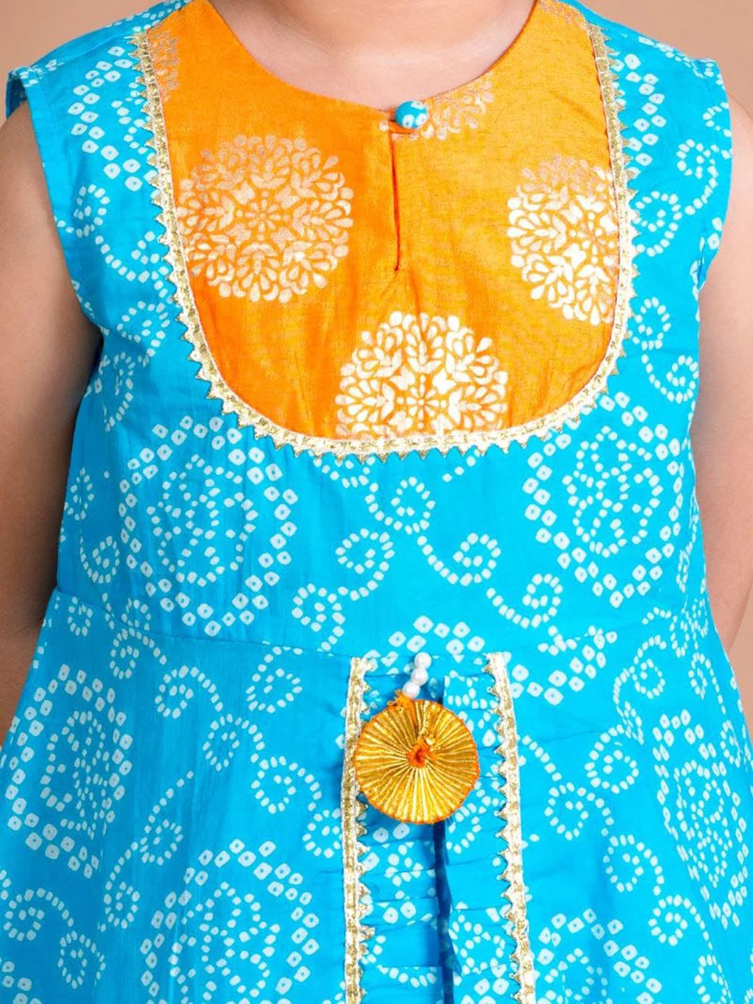 pspeaches Girls Blue Bandhani Printed Panelled Gotta Patti Pure Cotton Kurti with Sharara & With Dupatta - Image 2