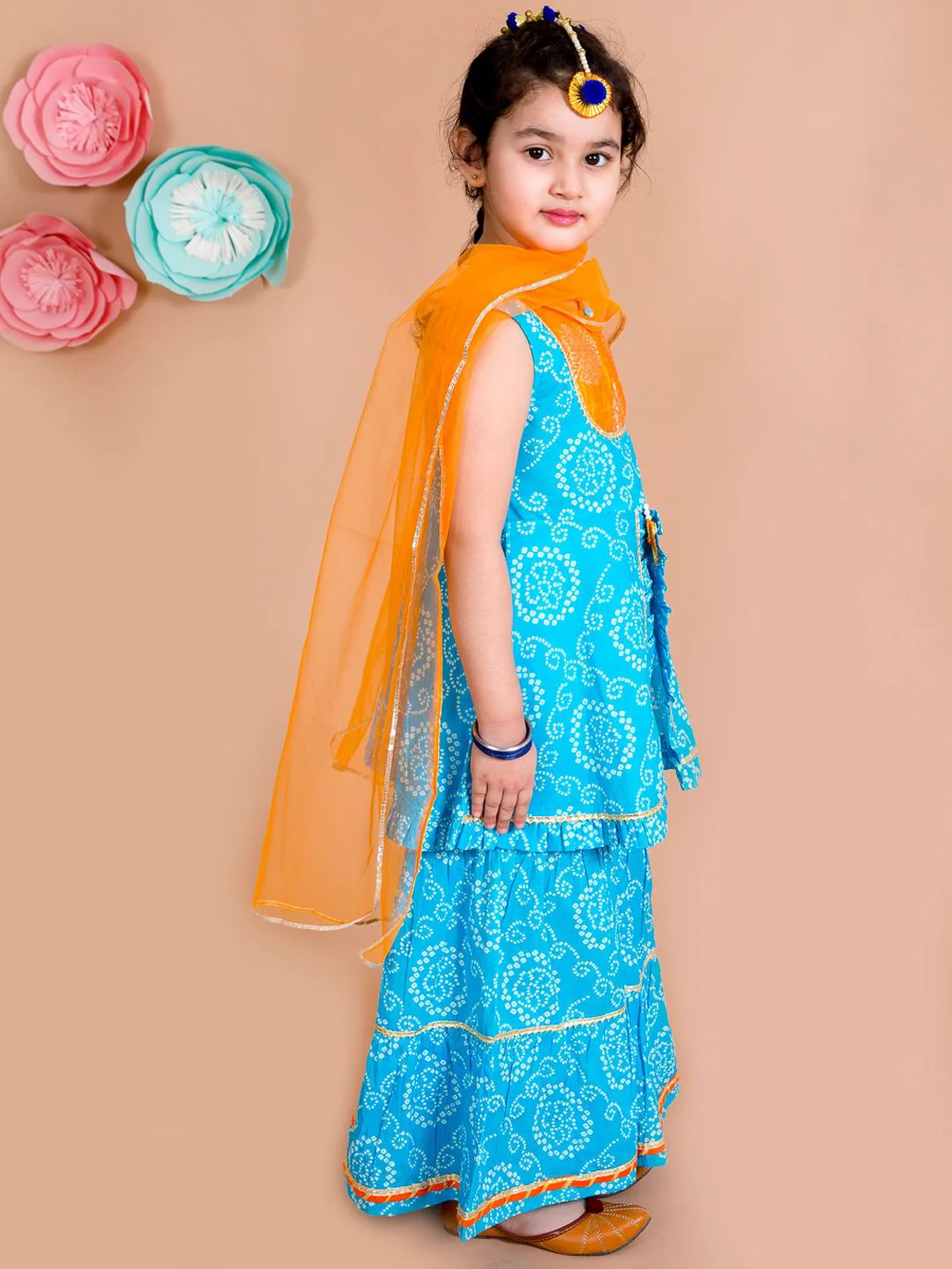 pspeaches Girls Blue Bandhani Printed Panelled Gotta Patti Pure Cotton Kurti with Sharara & With Dupatta - Image 3