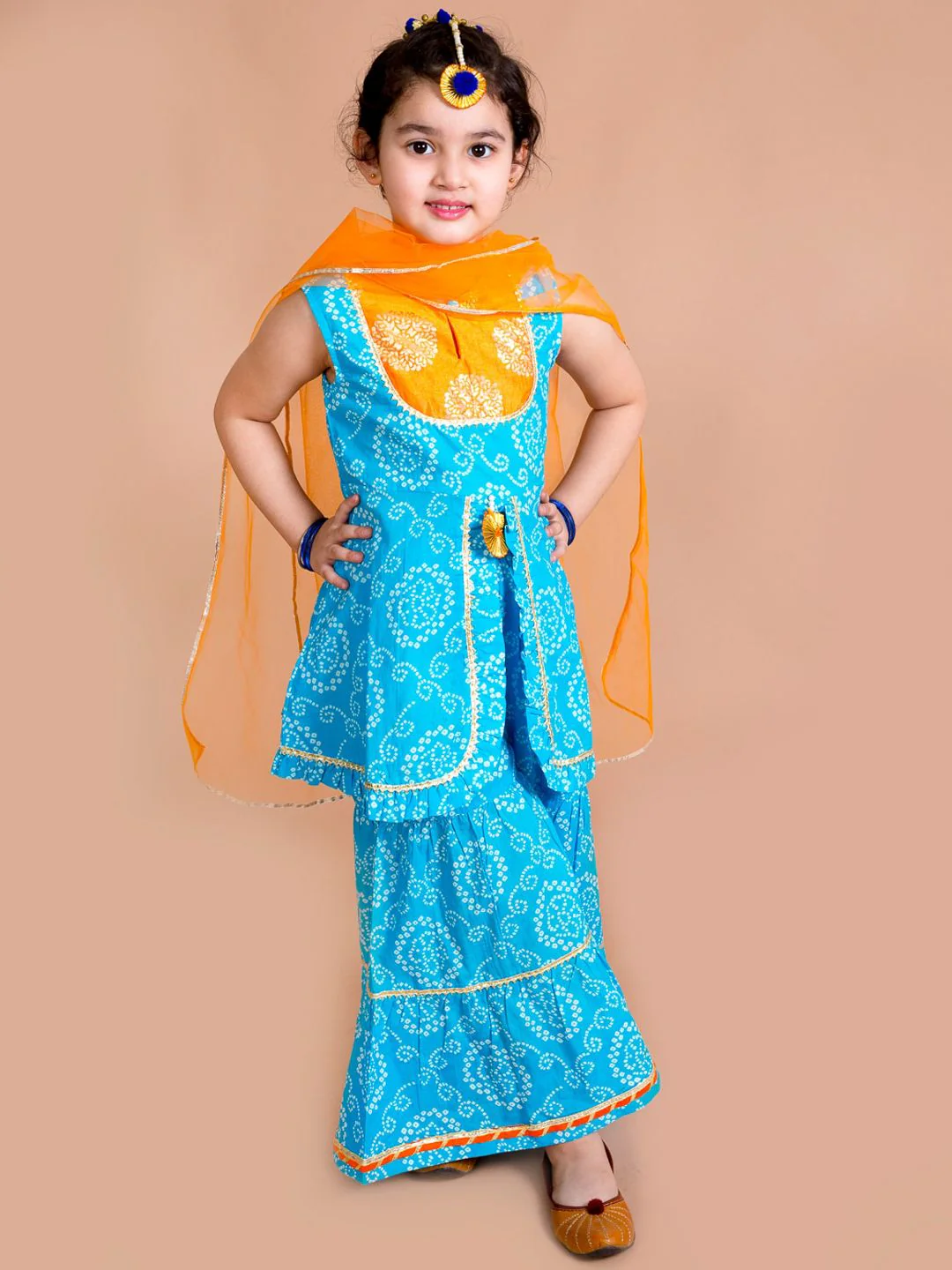 pspeaches Girls Blue Bandhani Printed Panelled Gotta Patti Pure Cotton Kurti with Sharara & With Dupatta - Image 4