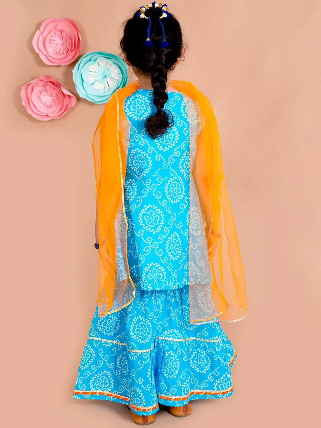 pspeaches Girls Blue Bandhani Printed Panelled Gotta Patti Pure Cotton Kurti with Sharara & With Dupatta - Image 5